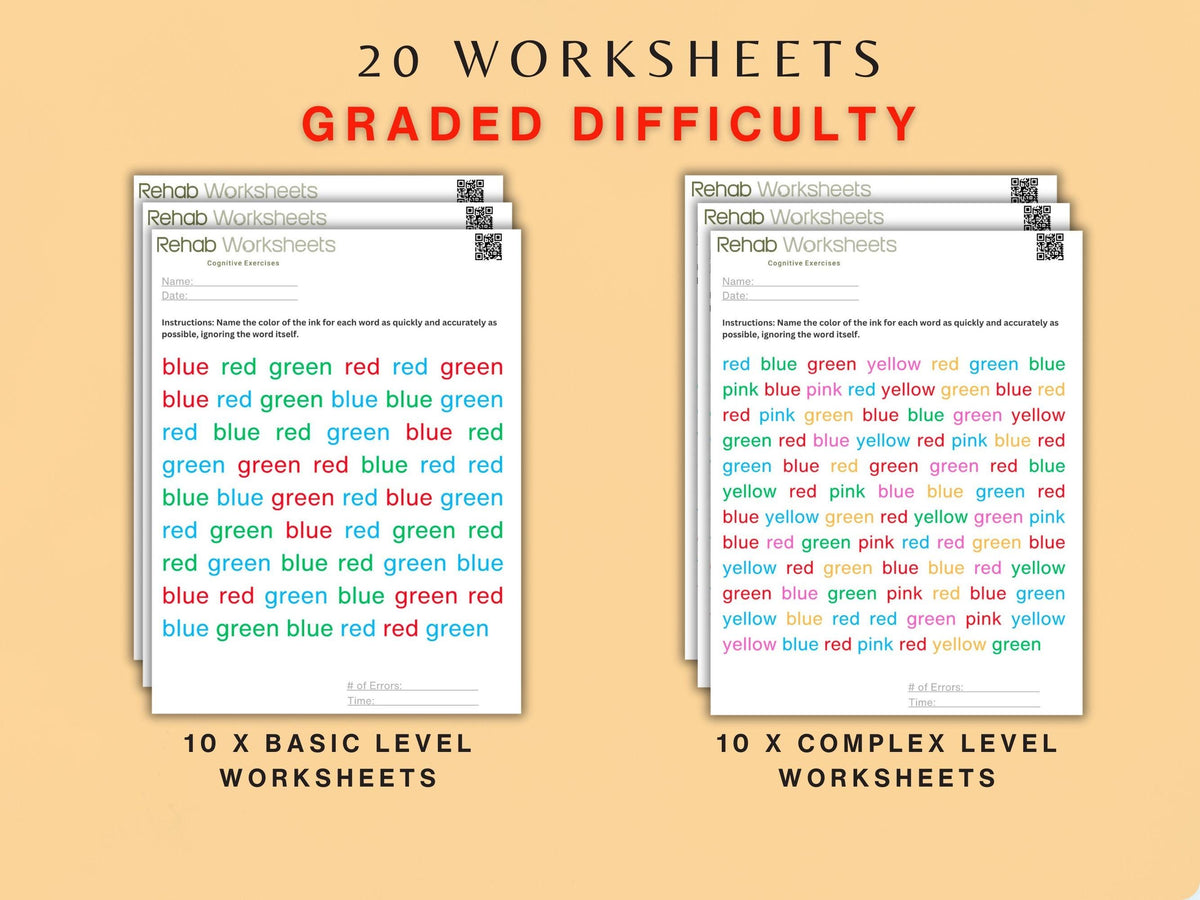 Stroop Task Cognitive Exercise Bundle (20 Worksheets) - Executive Func ...