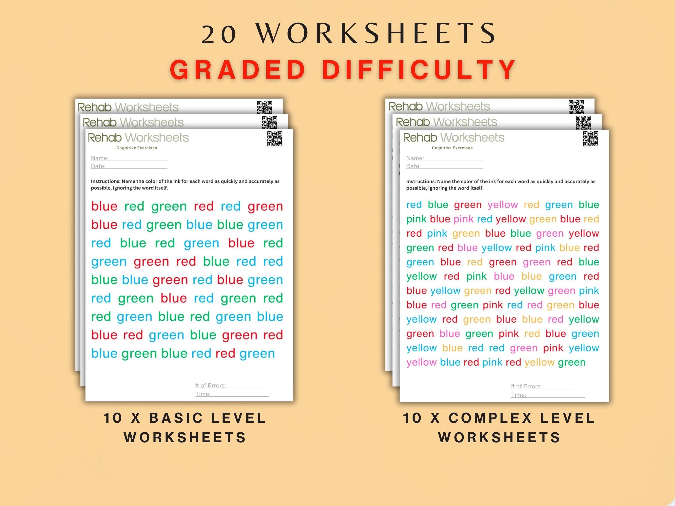 Stroop Task Cognitive Exercise Bundle (20 Worksheets) - Executive Functioning - Rehab Worksheets