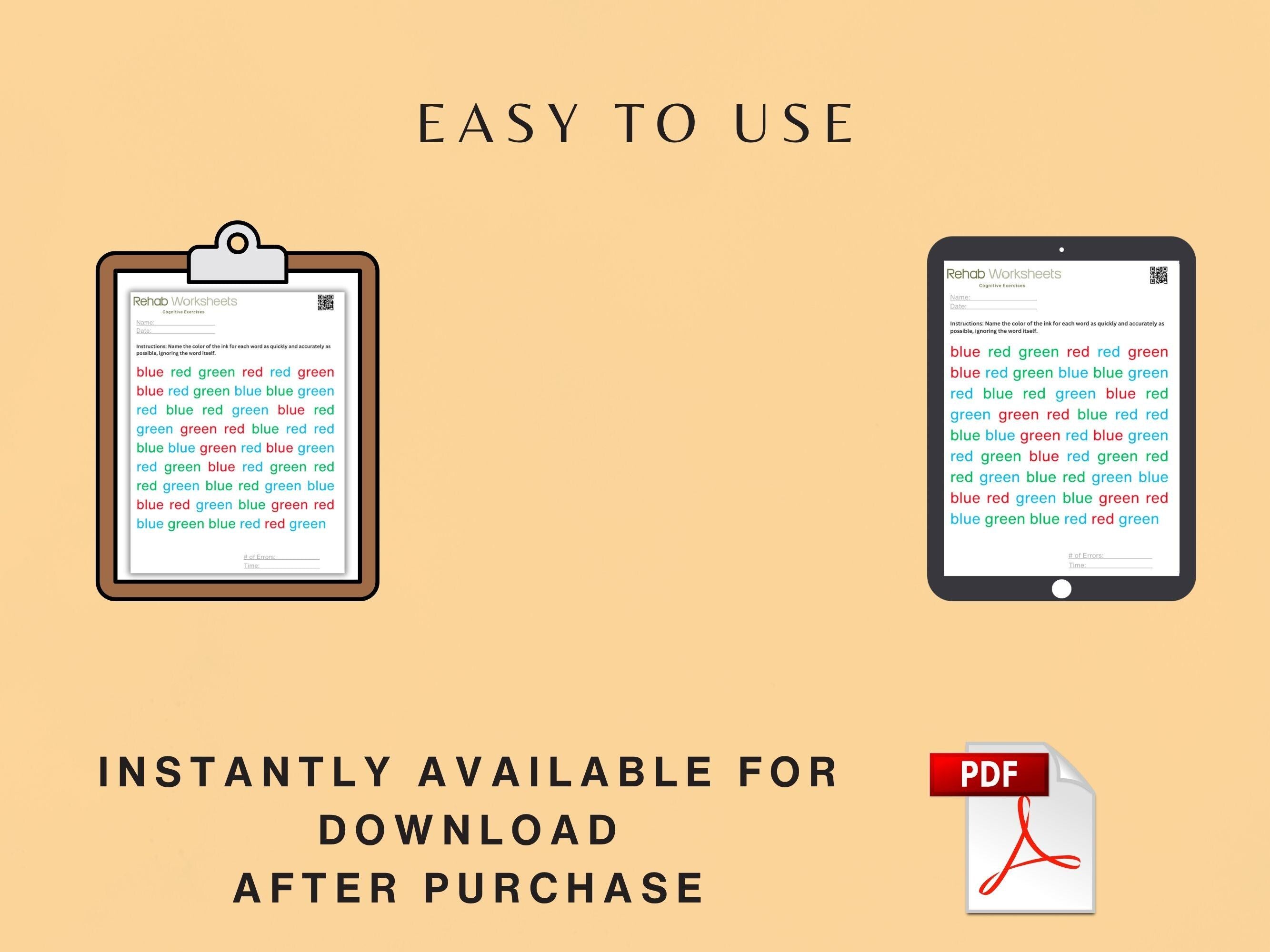 Stroop Task Cognitive Exercise Bundle (20 Worksheets) - Executive Functioning - Rehab Worksheets