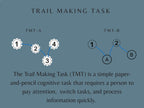 Diagram of Trail Making Task (TMT) with labeled steps on a blue background