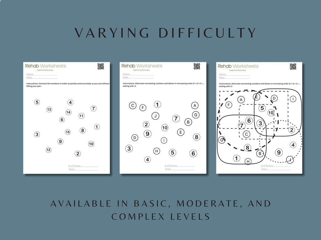 Three worksheets with increasing complexity on a blue background, labeled 'Varying Difficulty'.