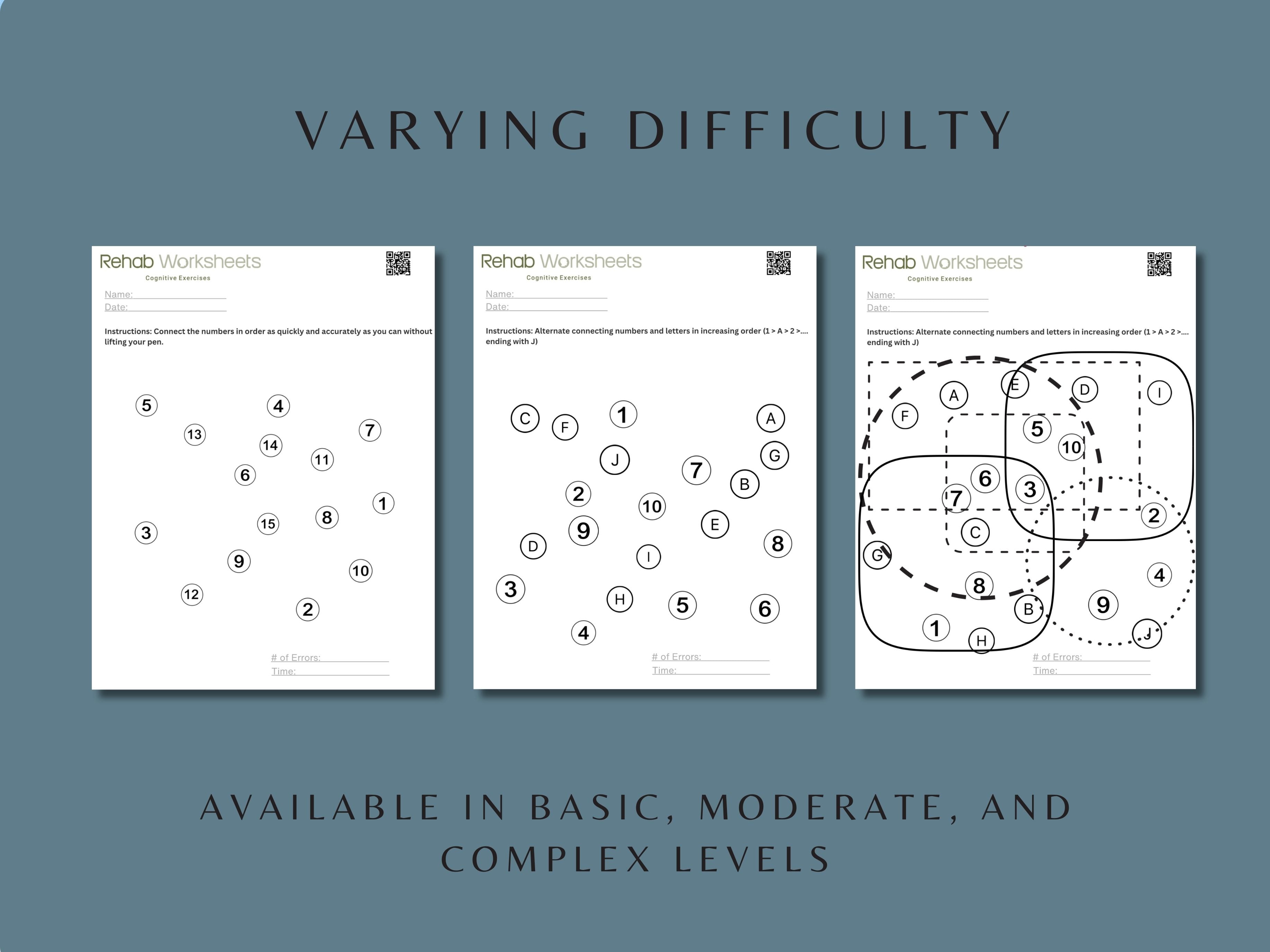 Three worksheets with increasing complexity on a blue background, labeled 'Varying Difficulty'.