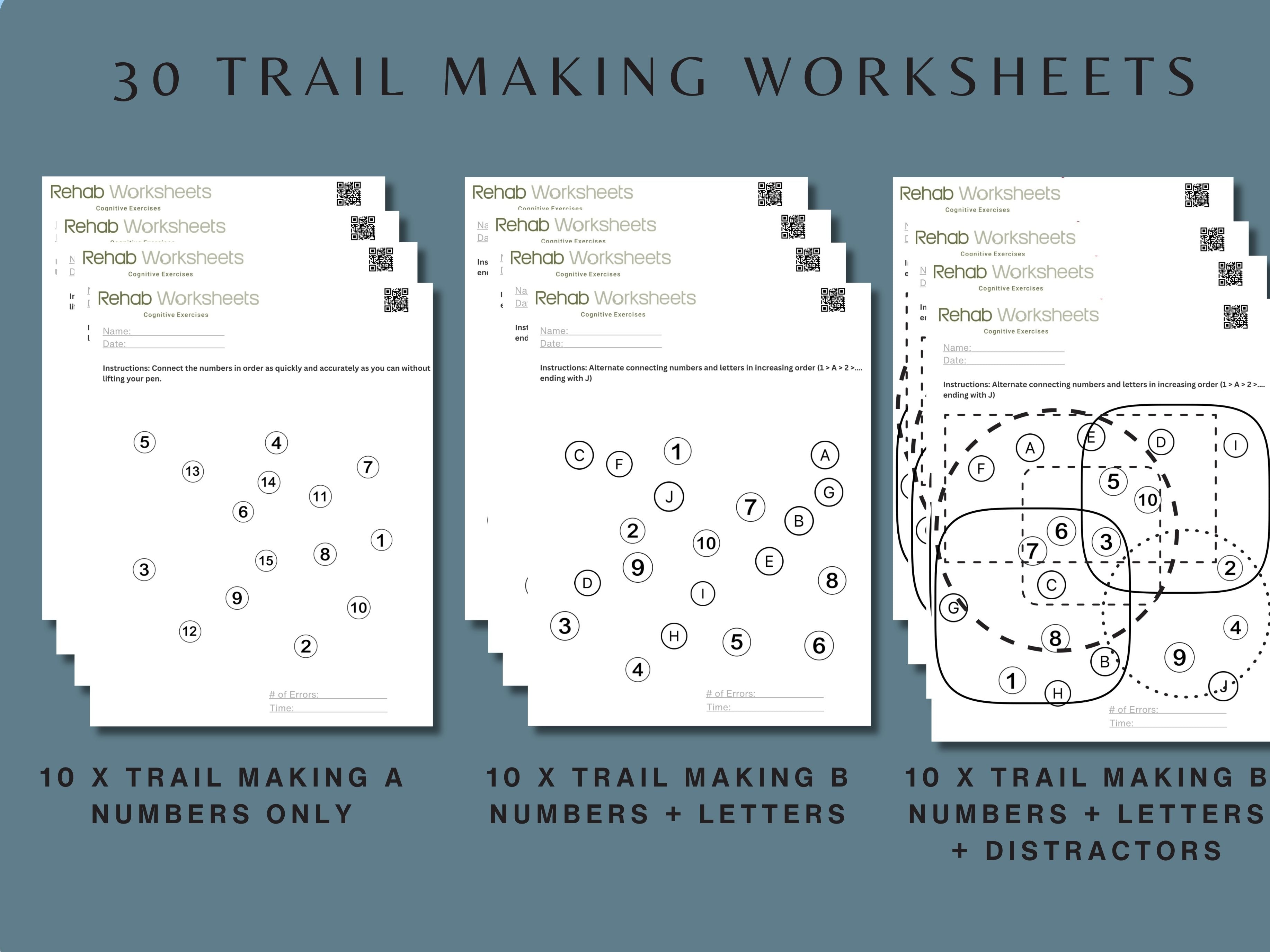 30 Trail Making Worksheets with different levels of complexity on a blue background