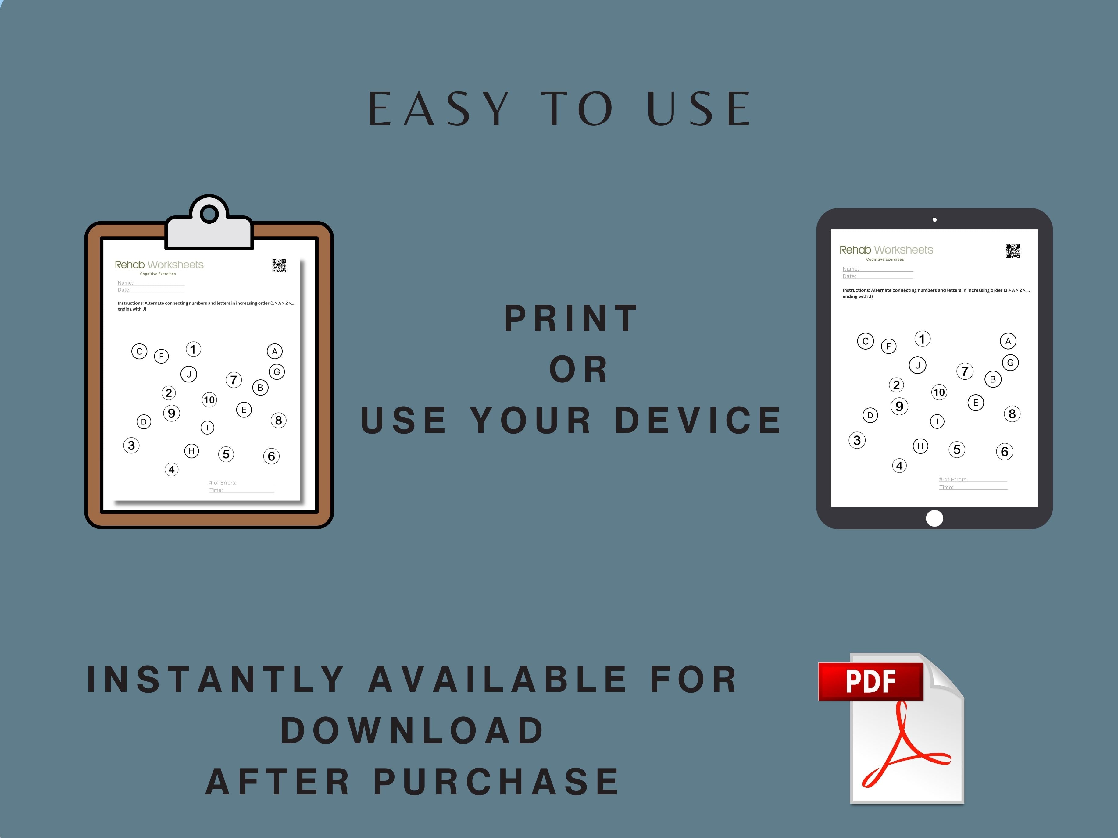 Promotional graphic for a product or service with text about ease of use, print options, and availability for download.