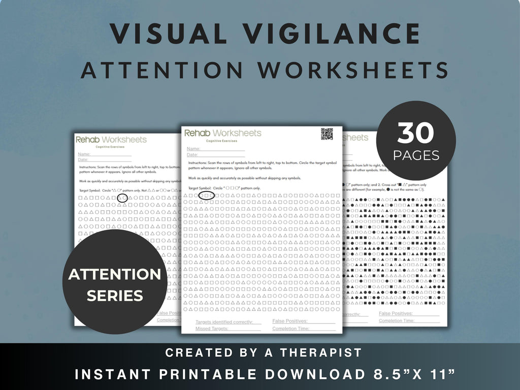 Visual Vigilance Task (30 Worksheets) - Attention - Rehab Worksheets