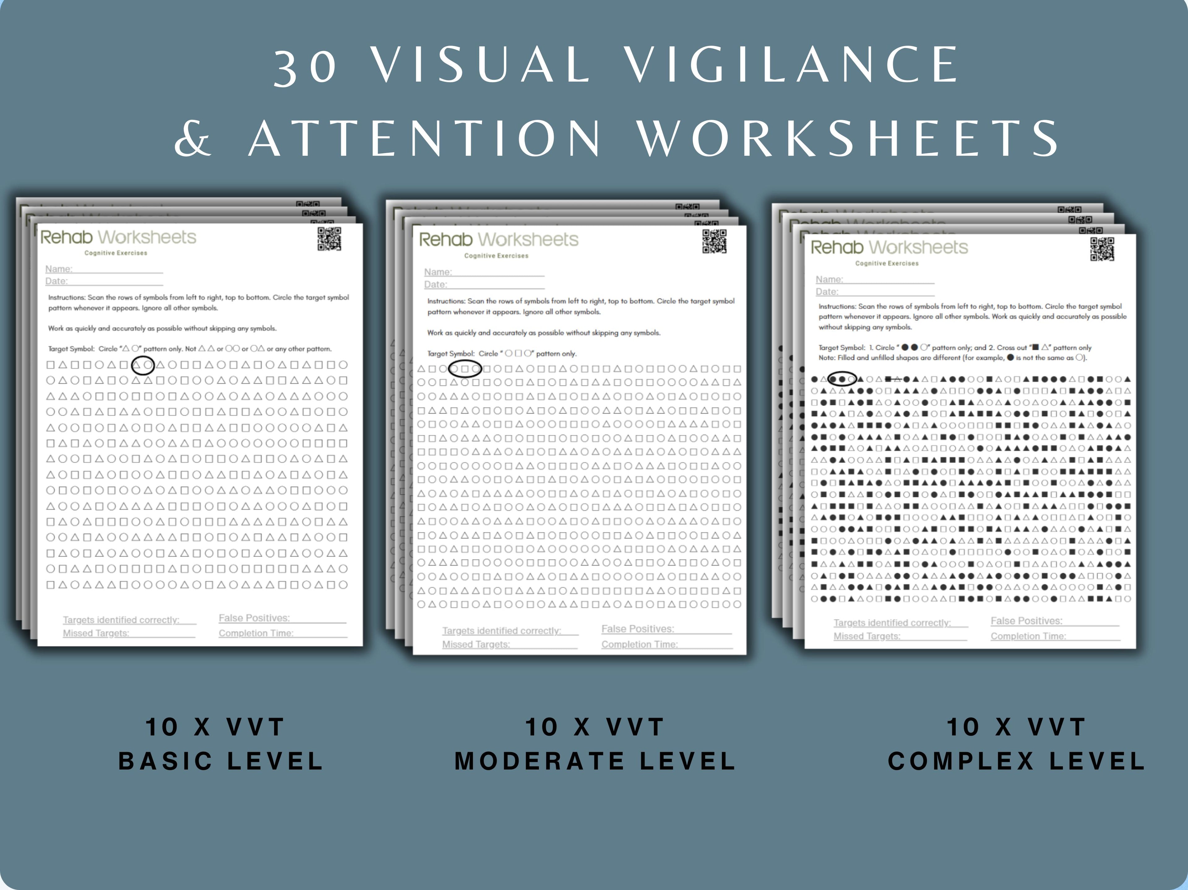 Visual Vigilance Task (30 Worksheets) - Attention - Rehab Worksheets