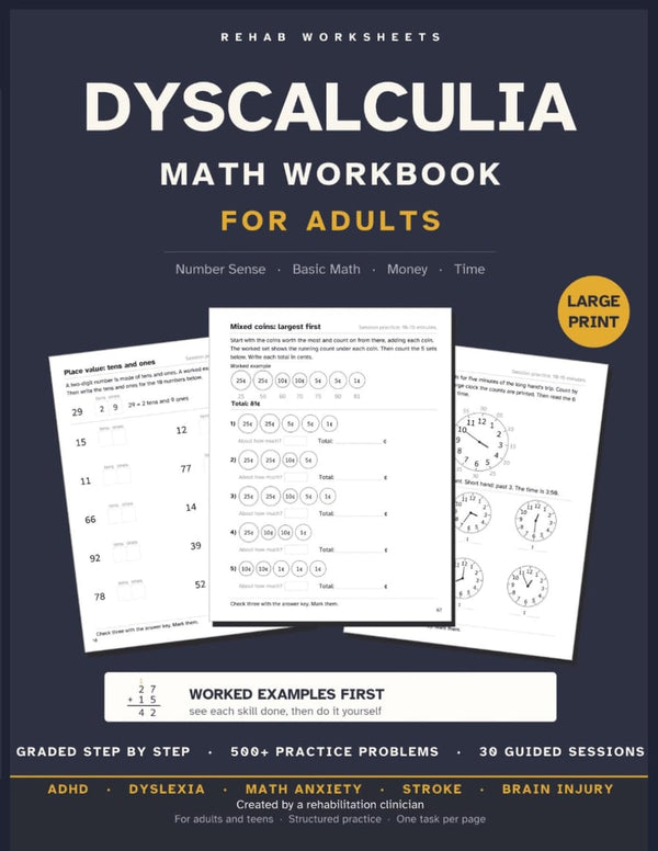 Dyscalculia Math Workbook for Adults, paperback cover