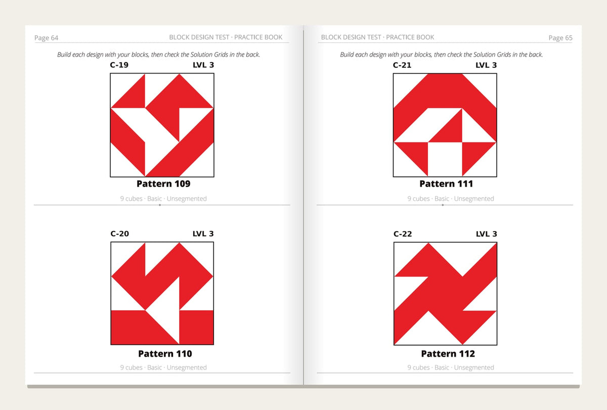 Two inside pages of the Block Design Test Practice Book