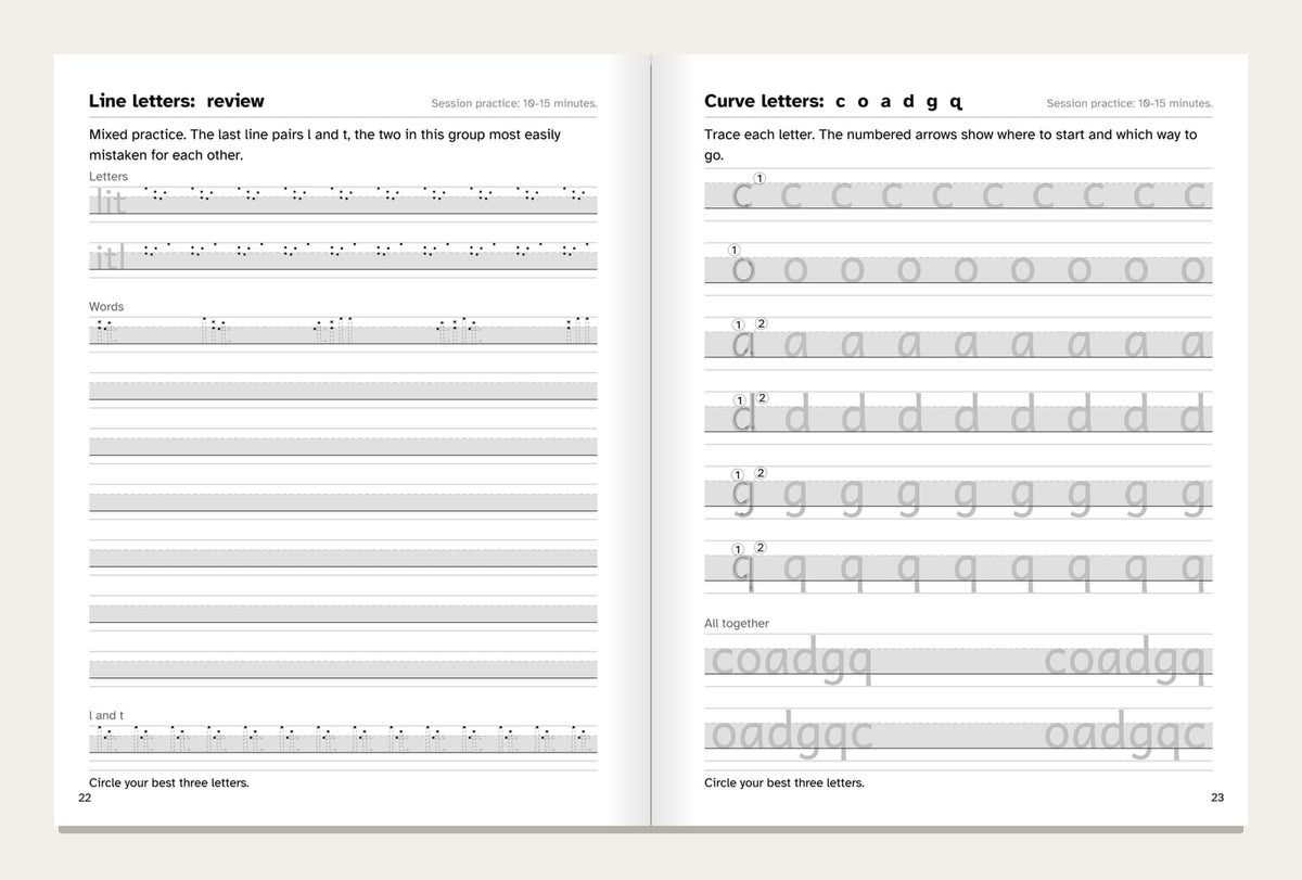 Two inside pages of the Dysgraphia Handwriting Workbook for Adults