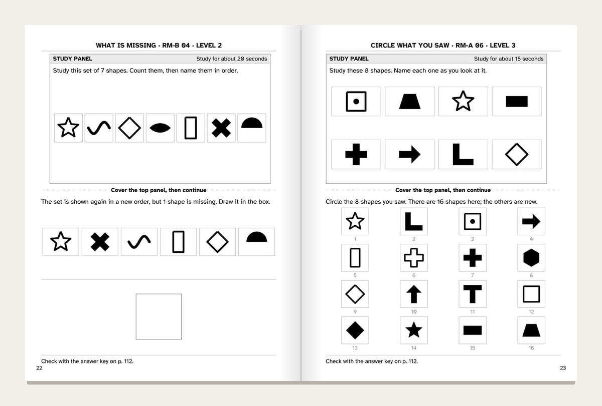Two inside pages of the Visual Memory Workbook for Adults