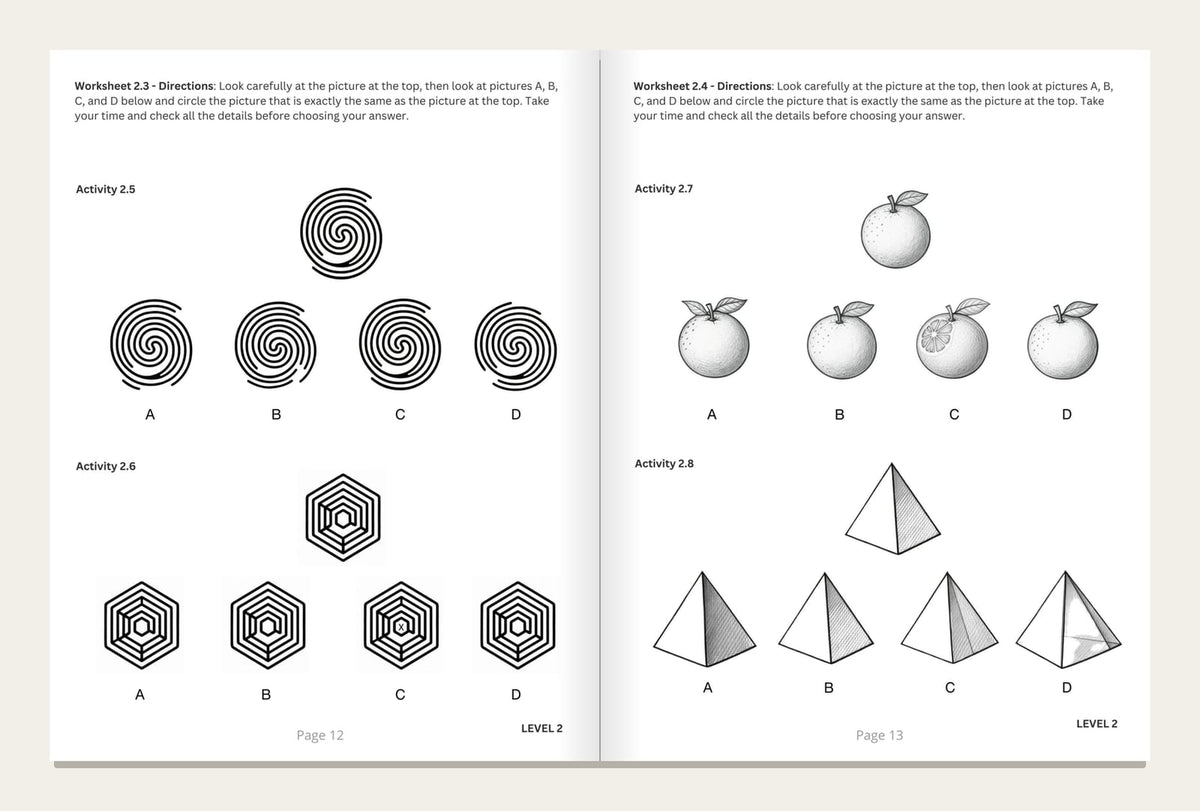 Two inside pages of the Visual Perception Workbook for Adults