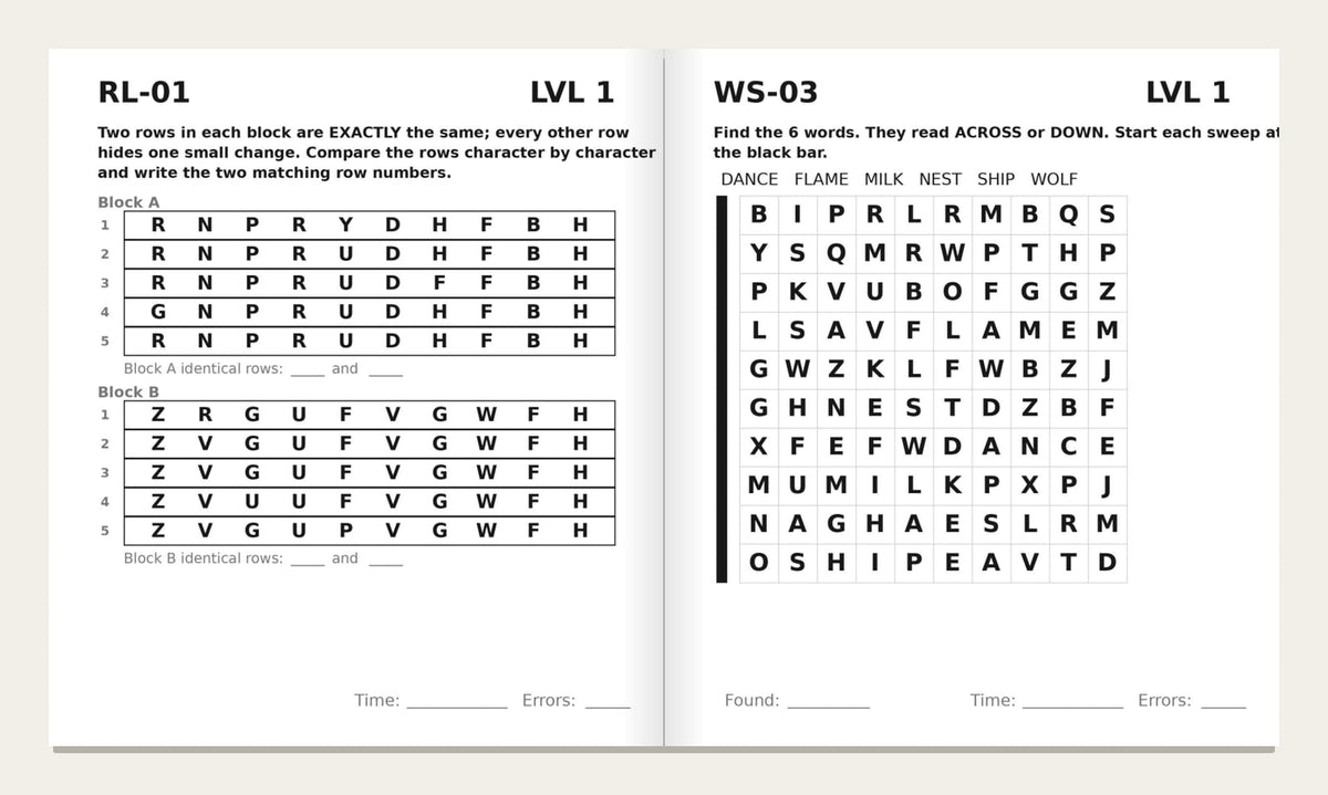 Two inside pages of the Visual Scanning Workbook for Adults