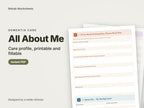 All About Me, care profile, printable and fillable: cover showing real pages from the set