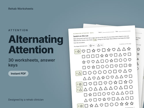 Alternating Attention, 30 worksheets: cover showing real pages from the set