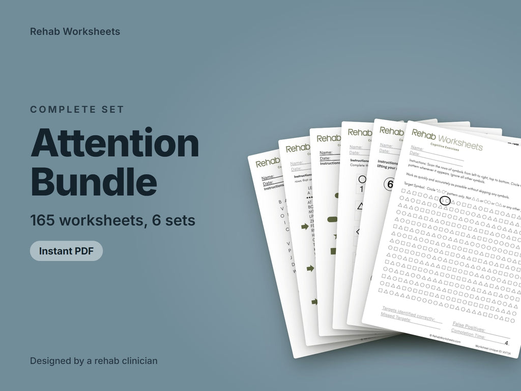 Attention Bundle, 165 worksheets, 6 sets: cover showing real pages from the set