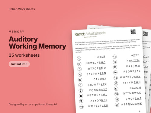 Auditory Working Memory, 25 worksheets: cover showing real pages from the set