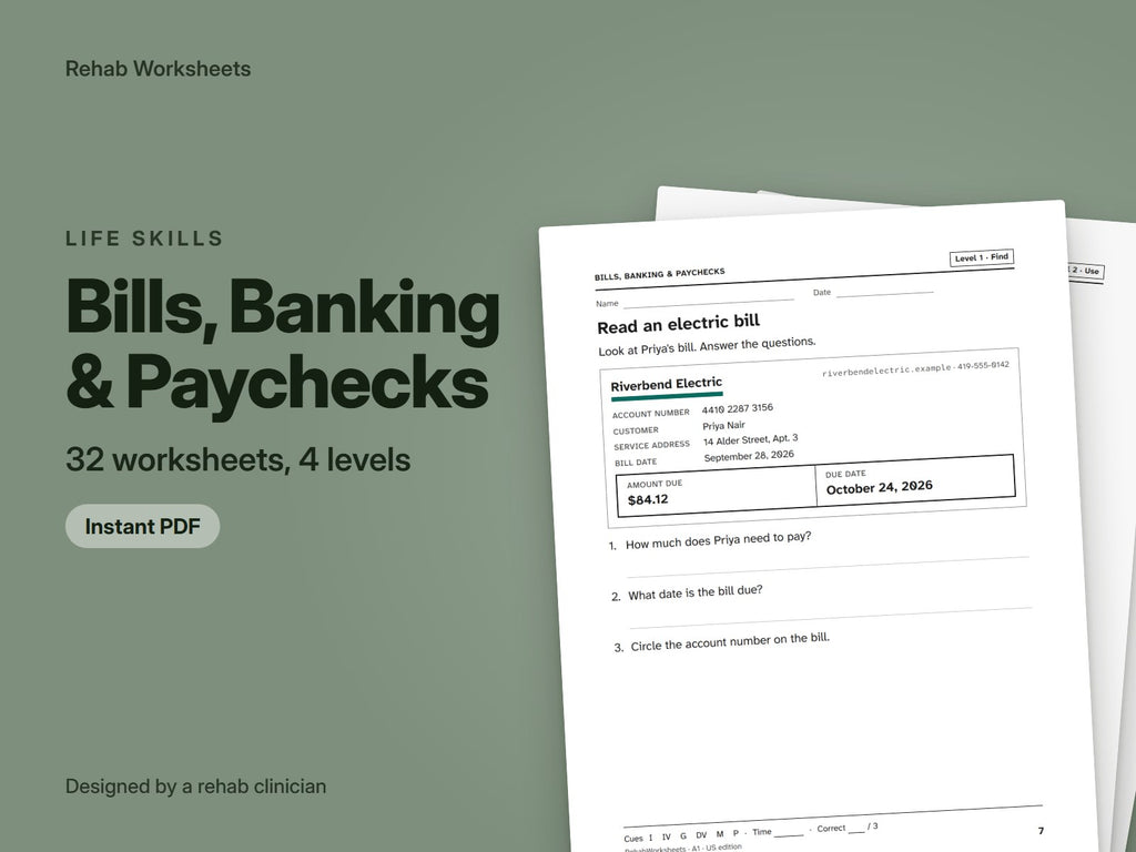 Bills, Banking & Paychecks, 32 worksheets: cover showing real pages from the set