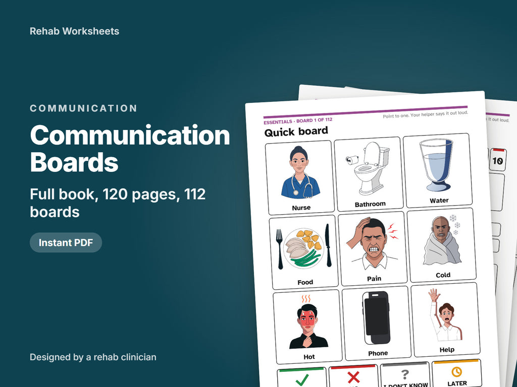 Communication Boards for Adults, the full book, 120 pages: cover showing real boards from the book