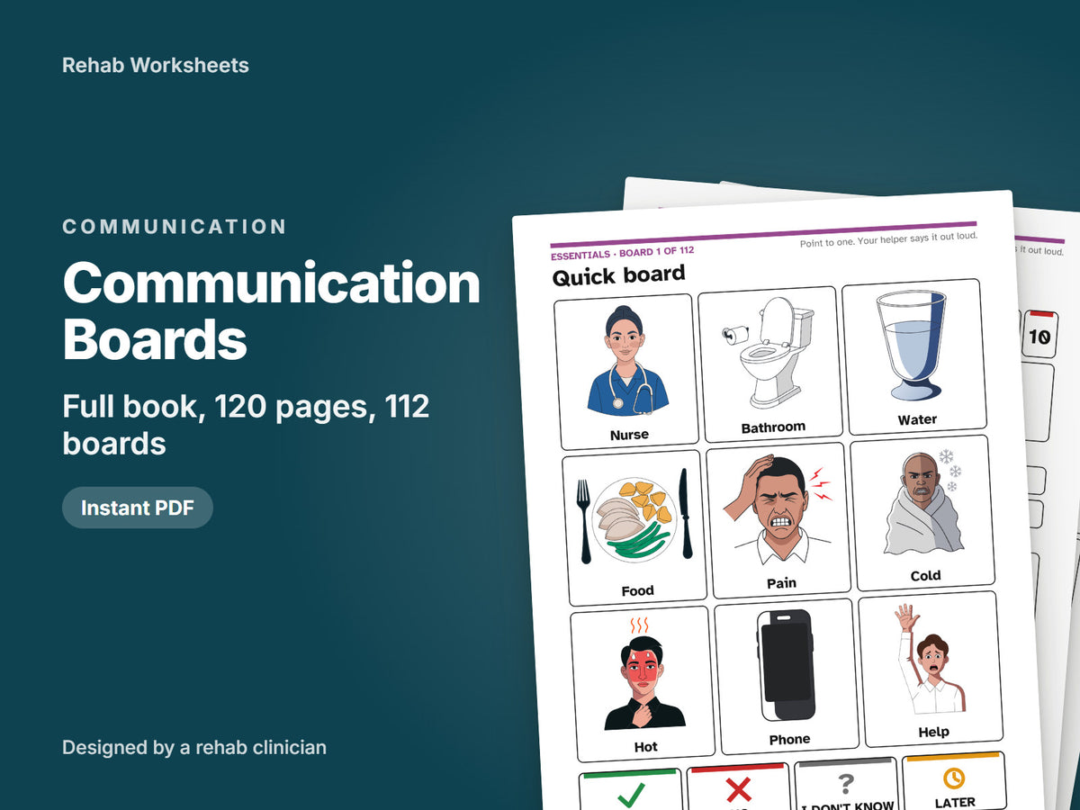 Communication Boards for Adults, the full book, 120 pages: cover showing real boards from the book