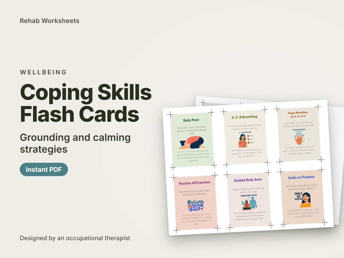 Coping Skills Flash Cards, grounding and calming strategies: cover showing real pages from the set