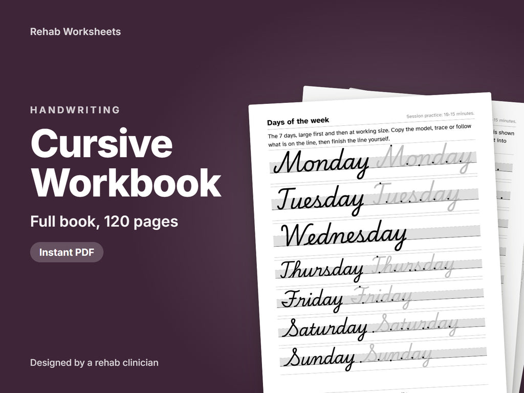 Cursive Workbook, the full book, 120 pages: cover showing real pages from the book