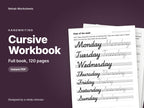Cursive Workbook, the full book, 120 pages: cover showing real pages from the book