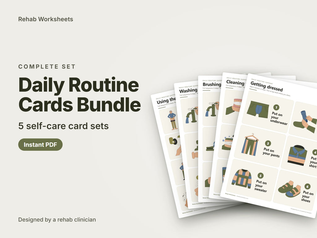 Daily Routine Cards Bundle, 5 self-care card sets: cover showing real pages from the set