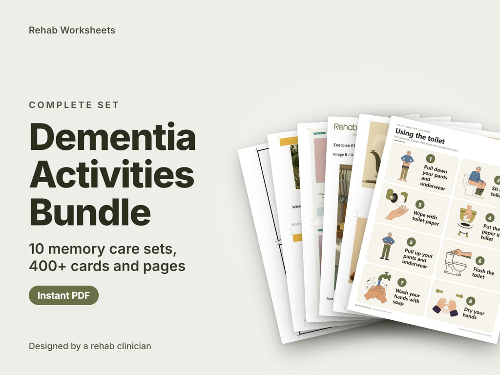 Dementia Activities Bundle, 10 memory care sets: cover showing real pages from the sets