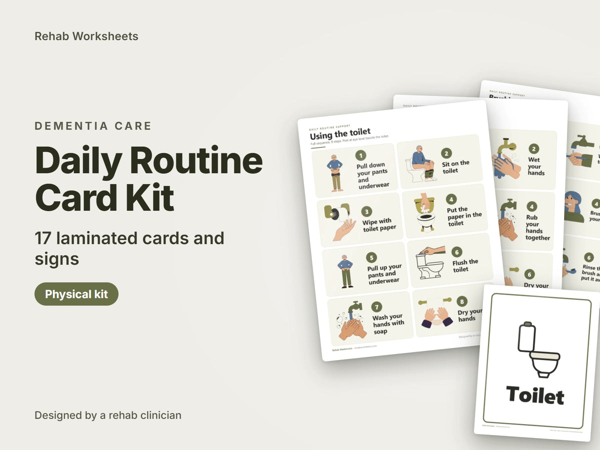 Daily Routine Card Kit, physical kit with 17 laminated cards and signs: cover showing routine cards and the toilet sign