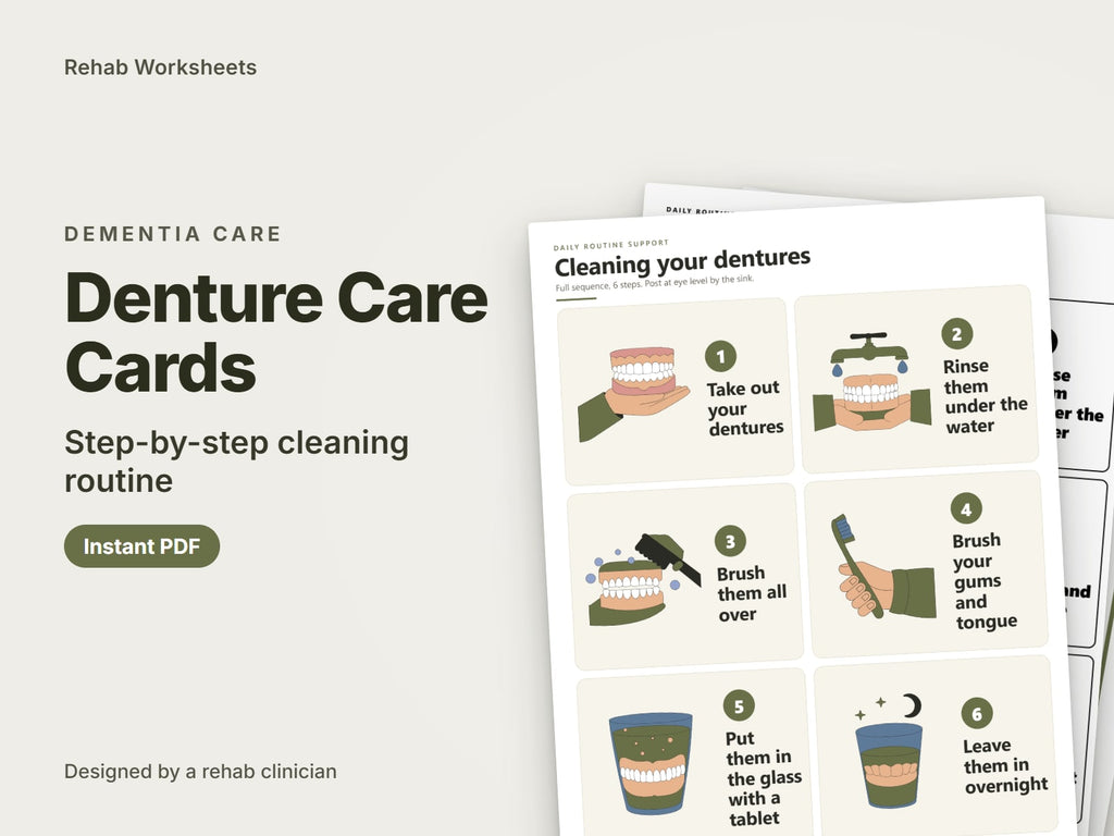 Denture Care Cards, step-by-step cleaning routine: cover showing real pages from the set