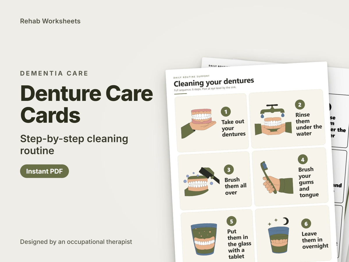 Denture Care Cards, step-by-step cleaning routine: cover showing real pages from the set