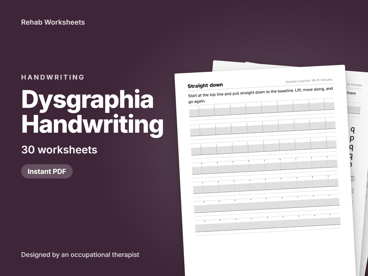 Dysgraphia Handwriting, 30 worksheets: cover showing real pages from the set