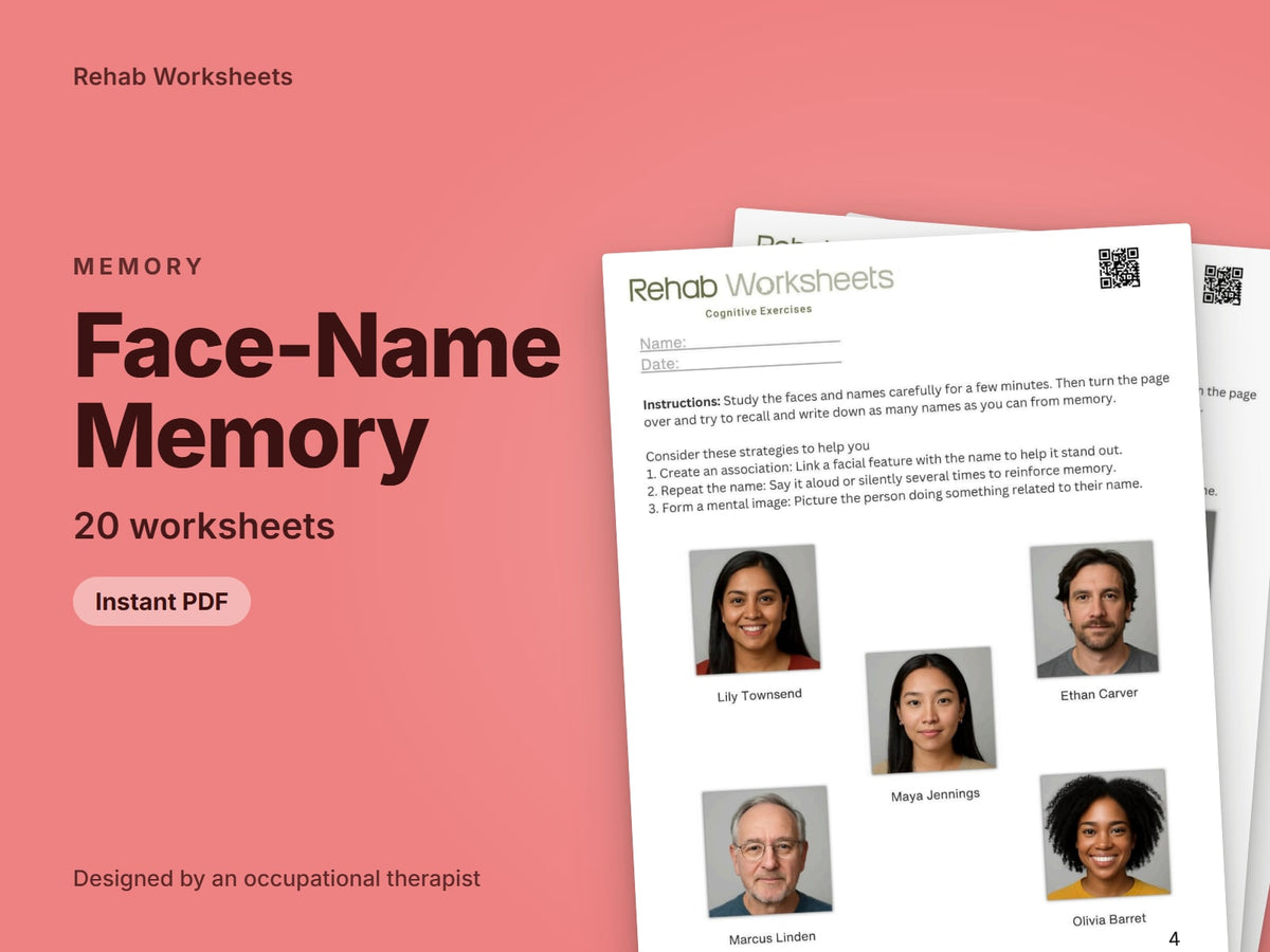 Face-Name Memory, 20 worksheets: cover showing real pages from the set