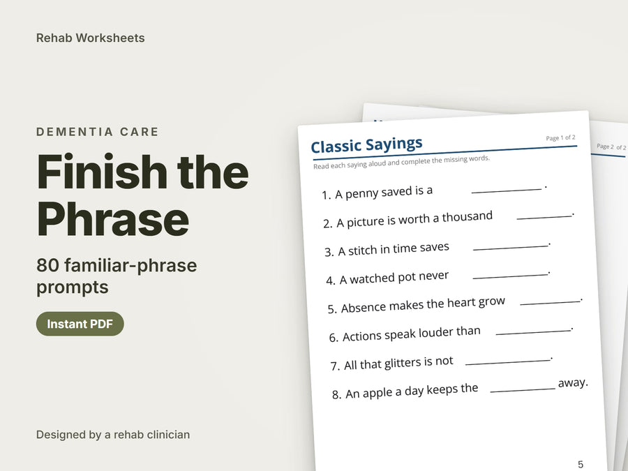 Finish the Phrase Worksheets for Seniors (80 Prompts): Dementia Activity