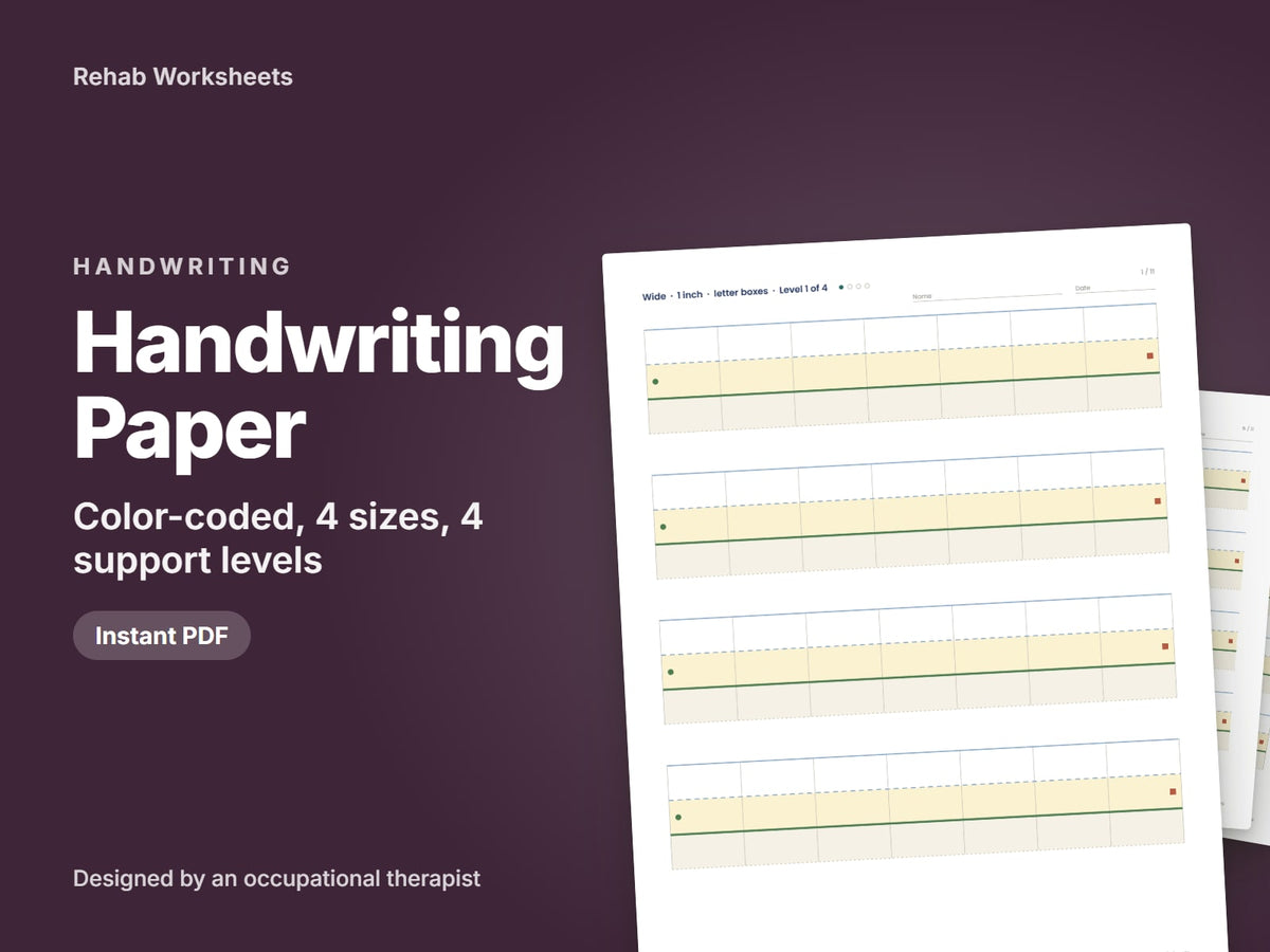 Handwriting Paper, color-coded, 4 sizes, 4 support levels: cover showing real pages from the set