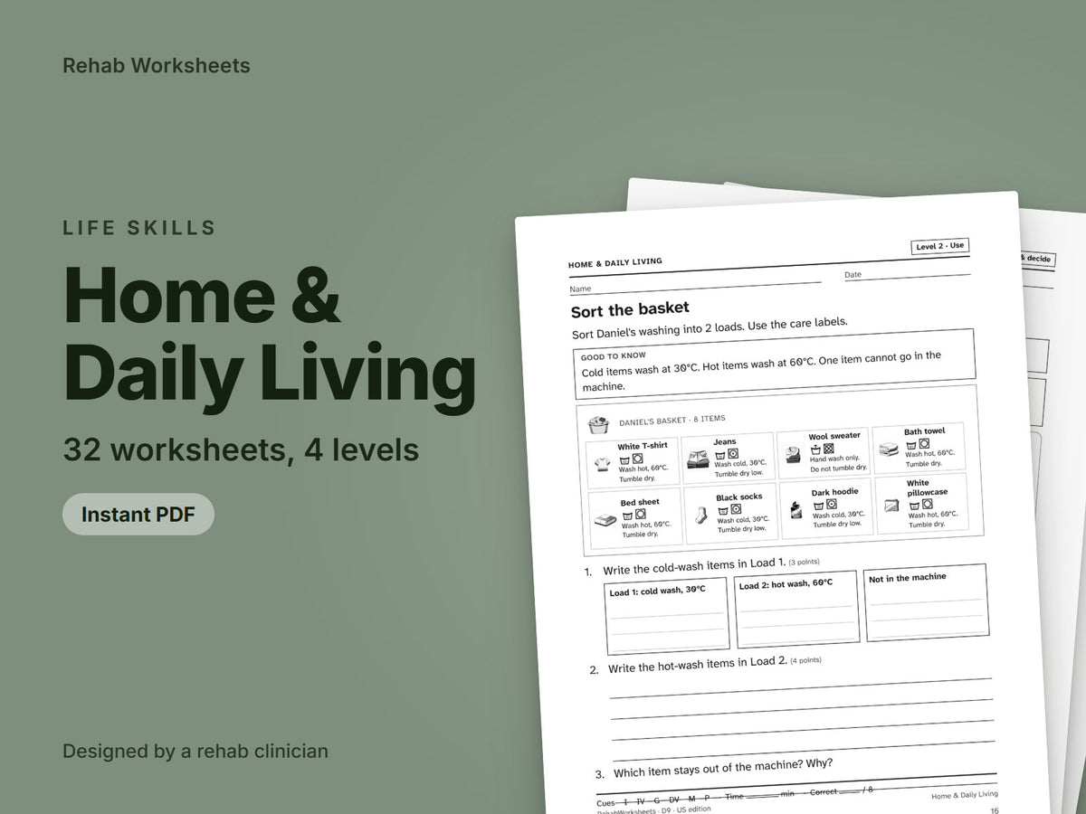 Home & Daily Living, 32 worksheets: cover showing real pages from the set