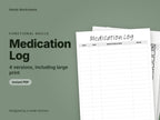Medication Log, 4 versions, including large print: cover showing real pages from the set