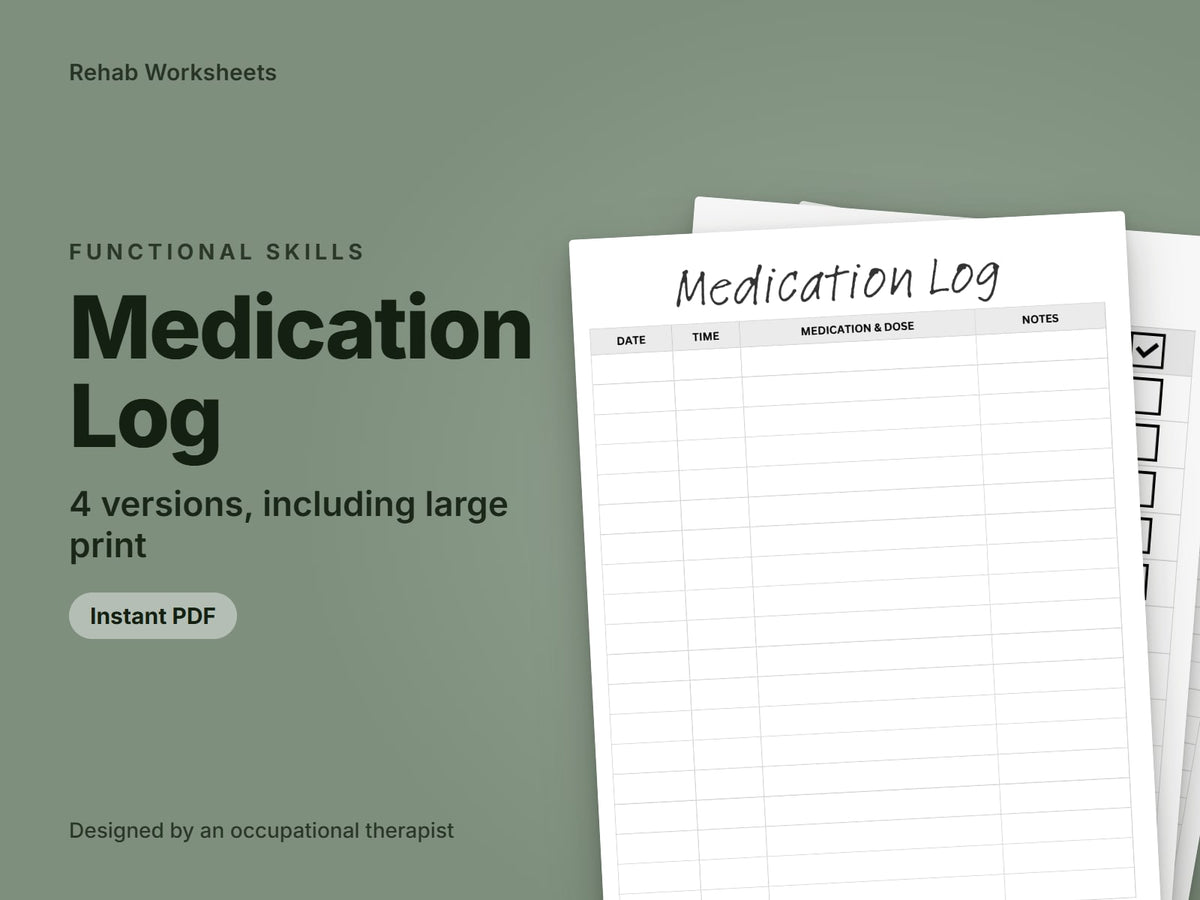 Medication Log, 4 versions, including large print: cover showing real pages from the set