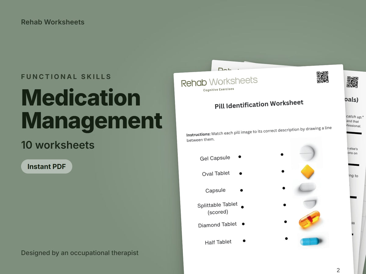 Medication Management, 10 worksheets: cover showing real pages from the set