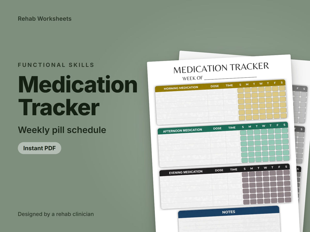Medication Tracker, weekly pill schedule: cover showing real pages from the set
