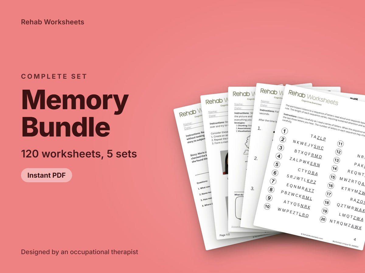 Memory Bundle, 120 worksheets, 5 sets: cover showing real pages from the set