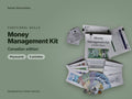 Money Management Kit, Canadian edition, physical kit: cover showing the manual, practice cash and coins, cheque book, bills and cue cards