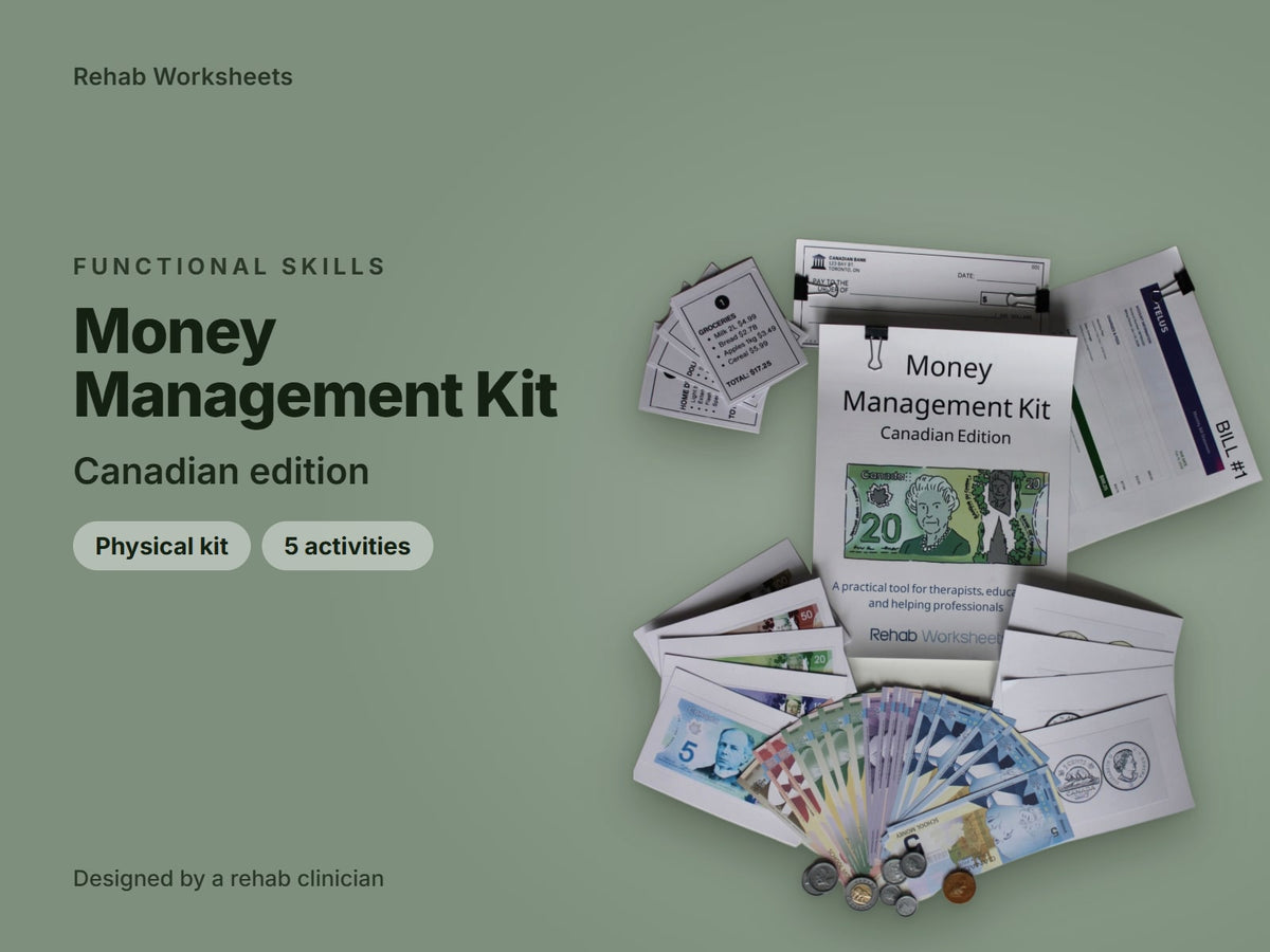 Money Management Kit, Canadian edition, physical kit: cover showing the manual, practice cash and coins, cheque book, bills and cue cards