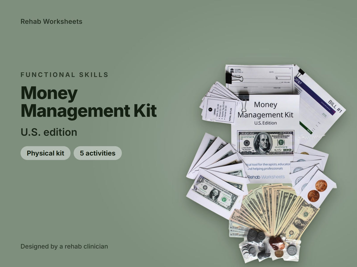 Money Management Kit, U.S. edition, physical kit: cover showing the manual, practice cash and coins, checkbook, bills and cue cards