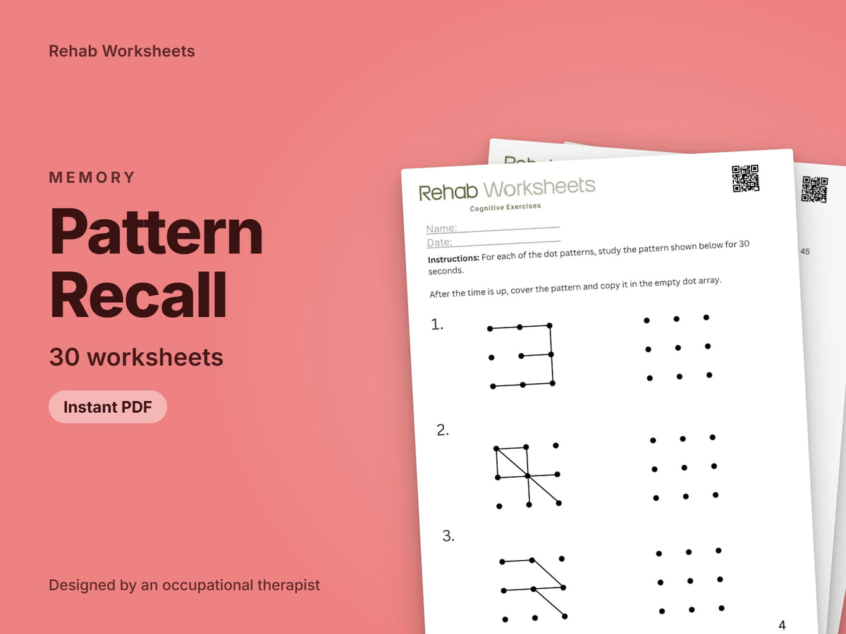 Pattern Recall, 30 worksheets: cover showing real pages from the set