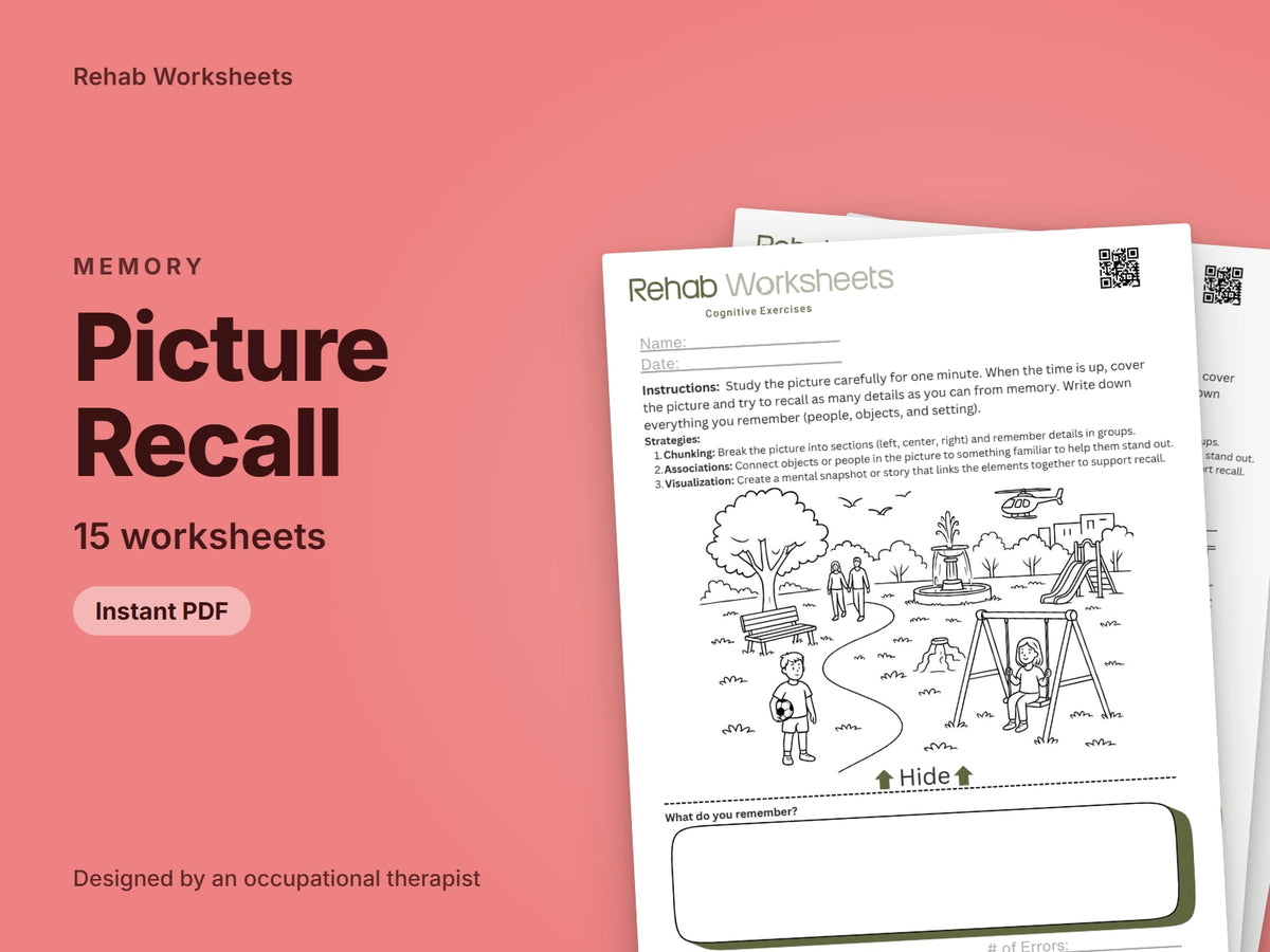 Picture Recall, 15 worksheets: cover showing real pages from the set