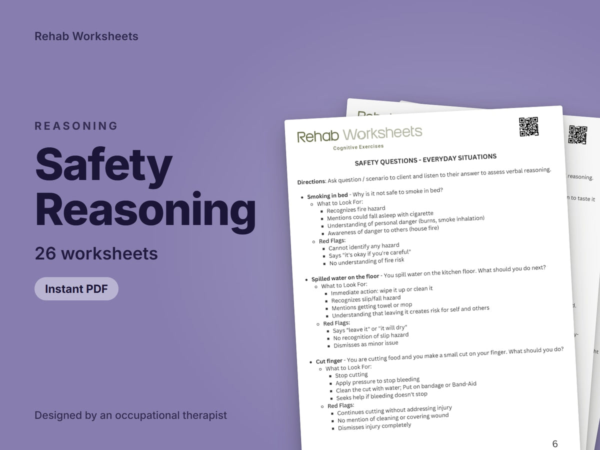 Safety Reasoning, 26 worksheets: cover showing real pages from the set