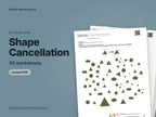 Shape Cancellation, 30 worksheets: cover showing real pages from the set