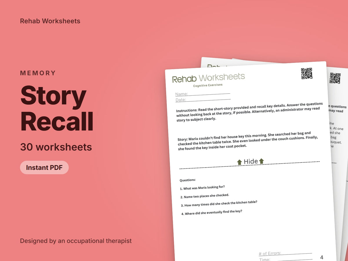 Story Recall, 30 worksheets: cover showing real pages from the set