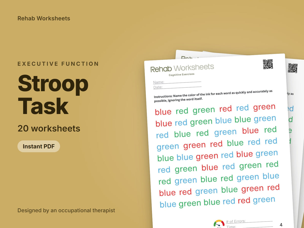 Stroop Task, 20 worksheets: cover showing real pages from the set